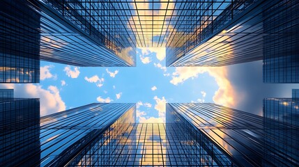Aufkleber - Looking Up at Reflective Skyscrapers Meeting the Sky and Clouds : Generative AI