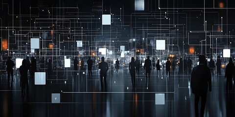 Aufkleber - Silhouettes of People in a Digital Network Abstract Cityscape : Generative AI