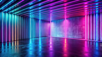 Leinwandbilder - Abstract Neon Room with Vibrant Pink and Blue Lighting and Reflective Floor