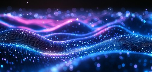 Poster - Colorful Waves of Light Create a Mesmerizing Digital Landscape With a Blend of Blue and Pink Tones in a Futuristic Setting
