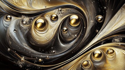 Wall Mural - Fluid metallic abstract art with swirling patterns and bubbles