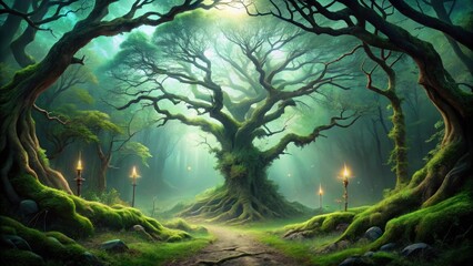 Poster - Enchanted Forest Path Leading to an Ancient, Moss-Covered Tree with Glowing Torches
