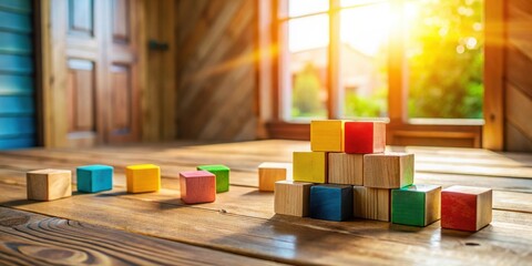 Poster - Brightly colored wooden blocks arranged on a rustic wooden table, bathed in sunlight streaming through a window