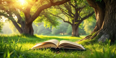 Aufkleber - Open book resting peacefully in a sunlit meadow, nestled beneath the shade of majestic trees, a tranquil scene of nature and literature.