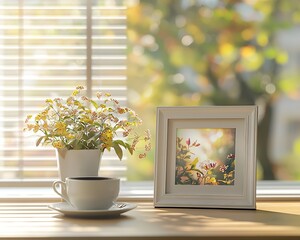 Poster - Cozy Morning Light on Floral Art Framed with Cup of Tea on Serene Windowsill : Generative AI