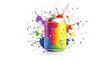 © Preecha - Metallic drink can with colorful paint-like splashes around it, creating a bold and artistic design, ample space for advertising text, balanced composition,