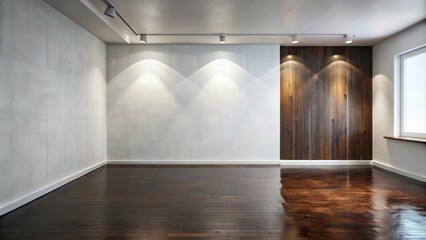 Poster - Empty room interior design with hardwood floor, white walls, and wood accent wall featuring recessed lighting