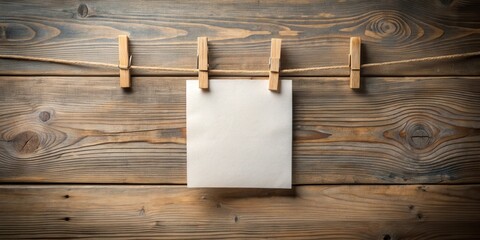 Poster - Blank Paper Note Hanging on Rustic Wooden Background with Wooden Clothespins