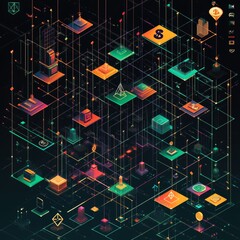 Poster - Digital Landscape Showcasing Blockchain Technology and Cryptocurrency Assets With Vibrant Neon Colors