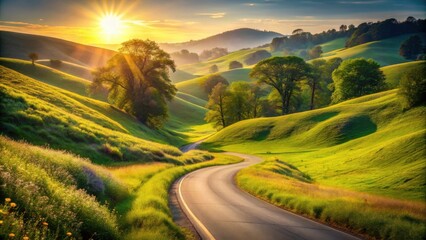 Poster - Sunlit Winding Road Through Rolling Green Hills at Sunset