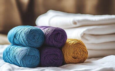 Poster - Artsy Yarn Set Multicolored Skeins with White Linens Relaxed Background : Generative AI