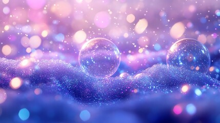 Poster - Colorful Bubbles Resting on a Shimmering Surface With Soft Pastel Background During Magical Dreamy Atmosphere in Modern Digital Art