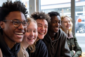 Wall Mural - Portrait of diverse group of friends laughing together while sitting in cafe