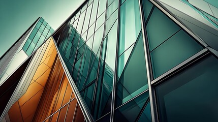Poster - Dynamic angular glass facade with a blend of teal and orange hues : Generative AI