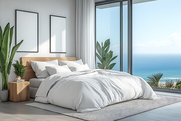 Poster - Luxurious Modern Bedroom with Ocean View and Contemporary Design Interior : Generative AI