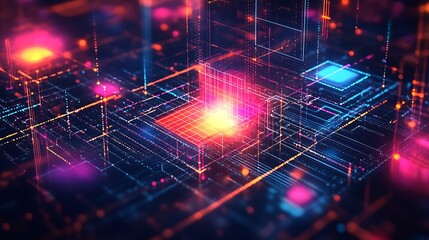 Aufkleber - Colorful Digital Art of Abstract Neon Circuitry with Illuminated Grid Patterns : Generative AI