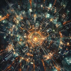 Aufkleber - Vibrant Cityscape at Night Showcasing Dynamic Lights and Energy, Revealing the Heart of Urban Life With Intricate Patterns and Depth in a Bustling Metropolis