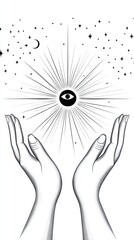Poster - Hands Cradle an Eye Symbolizing Vision and Enlightenment With Radiant Sunburst in White Background