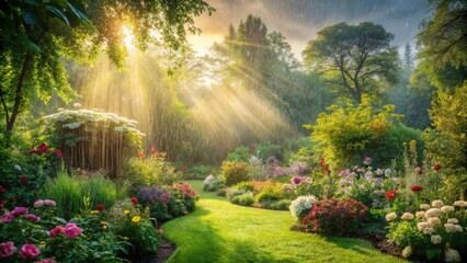 Poster - Sunbeams illuminate a lush garden during a gentle rain shower, vibrant blossoms and verdant foliage thrive under the warm sunlight's embrace.