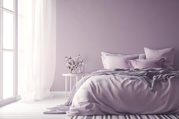 Poster - Lavender Themed Bedroom with Morning Sunlight Cozy Bed and Touches of Simplicity in Decor : Generative AI