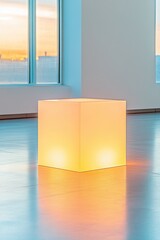 Poster - Glowing Cube Illuminating an Empty Room With Soft Radiant Light at Twilight