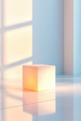 Poster - Floating Glowing Cube Illuminates a Serene, Empty Space With Soft Light and Tranquil Ambiance