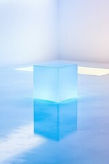 Poster - Floating Cube Emits Soft Light in a Serene, Minimalistic Room During Twilight Hours