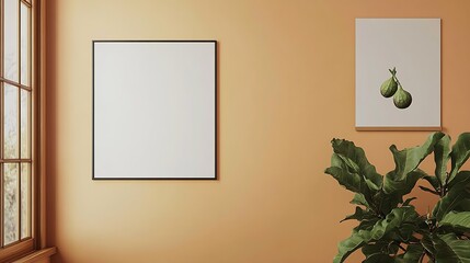 Aufkleber - Stylish peach room featuring multiple blank frames and fig plant for artistic interior inspiration : Generative AI