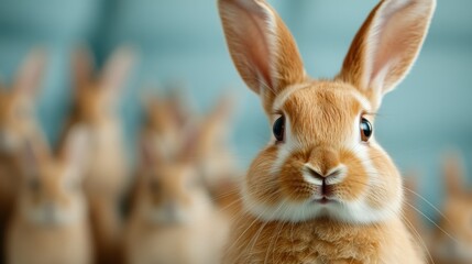 An endearing portrait of a bunny with expressive eyes, front and center, as other bunnies create a soft, dreamy background, filled with warmth and charm.