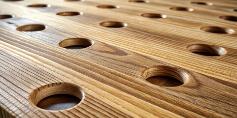 Aufkleber - Close-up view of a light brown wooden surface with evenly spaced circular cutouts arranged in rows