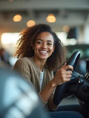 Wall Mural - Happy customer client African American woman businesswoman girl buying new car enjoy luxury purchase in auto dealership female owner buy rent vehicle modern electric automobile looking camera laughing