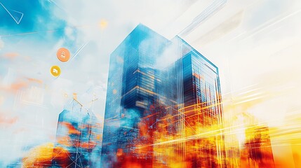 Aufkleber - Modern Skyline with Soaring Skyscrapers in a Dynamic Digital Artwork : Generative AI