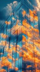 Aufkleber - Contemporary Glass Skyscraper with Vibrant Sunset Reflections in Urban Landscape : Generative AI