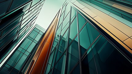 Poster - Innovative skyscraper architecture with sleek blue and orange glass panels : Generative AI