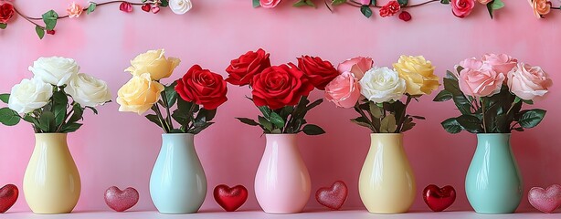 Poster - Vibrant Floral Arrangement with Multicolored Roses and Pastel Vases on Pink Background : Generative AI
