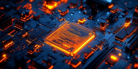 Aufkleber - High Tech Circuit Board with an Illuminated Central Microprocessor : Generative AI