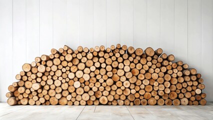 Aufkleber - A rustic arrangement of neatly stacked wood logs against a white paneled wall creates a warm and inviting interior design element.