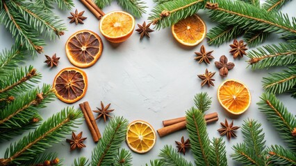 Poster - Festive Winter Frame of Evergreens, Dried Citrus, and Aromatic Spices