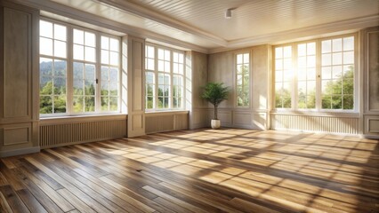 Poster - sunlight streams through large windows illuminating a spacious room with hardwood floors and classic