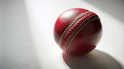 Poster - Close-up view of a red leather cricket ball resting on a textured surface, illuminated by a shaft of light