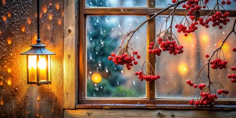 Poster - Winter's gentle snowfall illuminates a rustic window scene, featuring a warm lantern glow and vibrant red berries hanging outside.