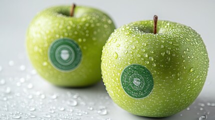 Two fresh green apples with water droplets and stickers.