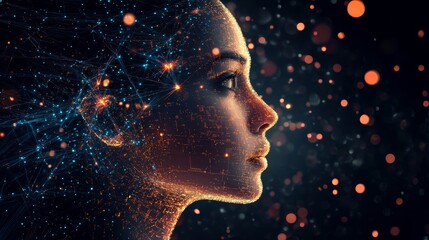 Poster - Exploring the Intersection of Technology and Human Emotion Through a Captivating Digital Portrait of a Woman With a Cosmic Background