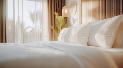 Poster - Minimalist Luxurious Bedroom with Elegant Neutral Tones and Sunlit Ambiance : Generative AI