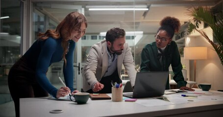 Poster - Group of people, business and collaboration with laptop, bookkeeping and working together on tablet. Teamwork, technology and problem solving for investment, finance and corporate in office at night
