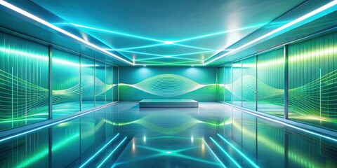 Poster - Futuristic Corridor with Neon Lighting and Abstract Wave Designs on Walls and Floor