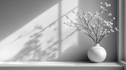 Wall Mural - White flowers, round vase, minimalist setting.