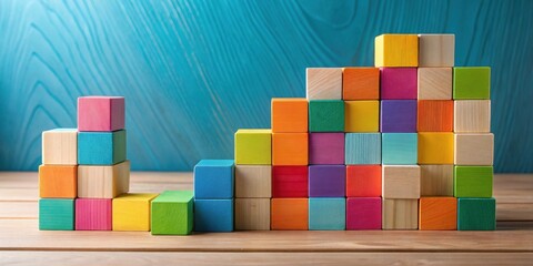 Poster - Colorful Wooden Blocks Forming Ascending Structures on Wooden Surface