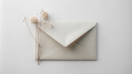 Poster - Simple Beige Envelope with Dried Flowers on a White Background