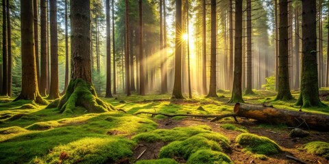 Poster - Sunbeams Illuminate a Mystical Mossy Forest at Dawn